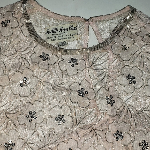 Vtg Judith Ann Plus Pink Dress Sz 2X 18-20 Floral Bead Sequin Drop Waist Flapper - Picture 7 of 16